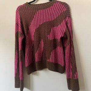 Nine West Women's Pink And Brown Ribbed Crew Neck Pullover Sweater Size XS